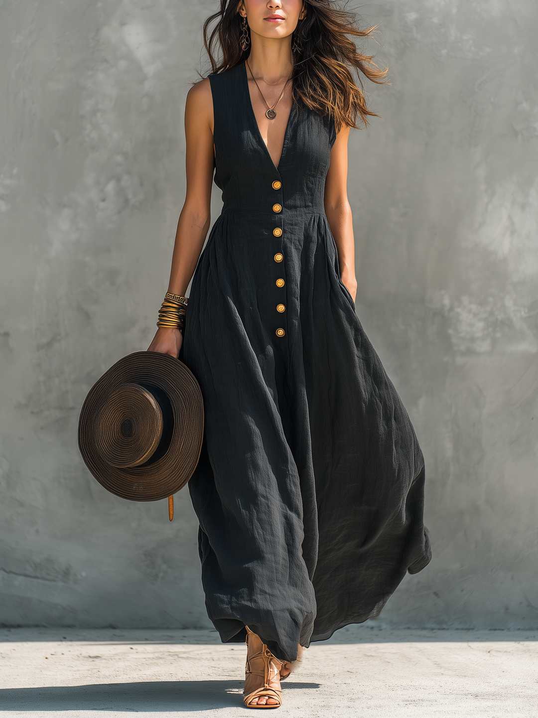 Ember Cotton-Linen V-Neck Sleeveless Maxi Dress | Women&