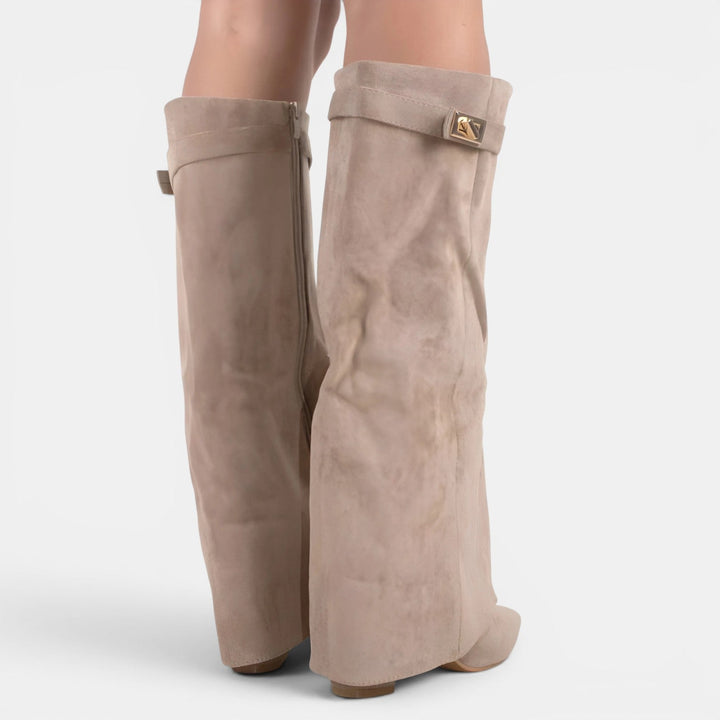 Navacava knee high boots side view — classic block heel detail