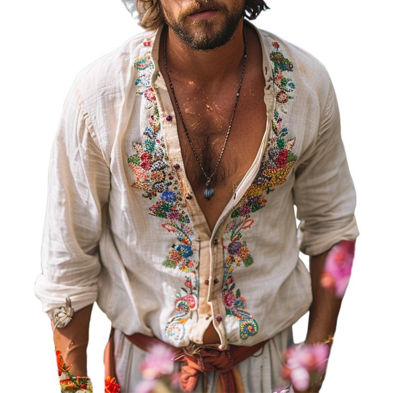 Boho Leinenhemd Herren Grandad Kragen Stickerei Sommer