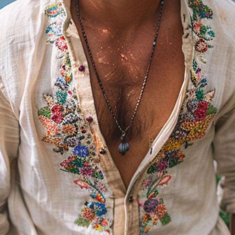 Boho Leinenhemd Herren Grandad Kragen Stickerei Sommer