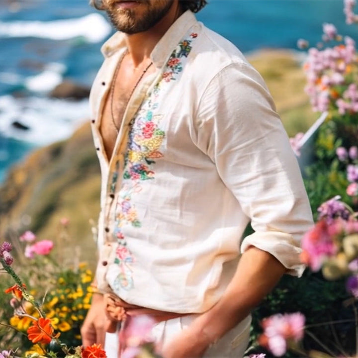 Boho Leinenhemd Herren Grandad Kragen Stickerei Sommer