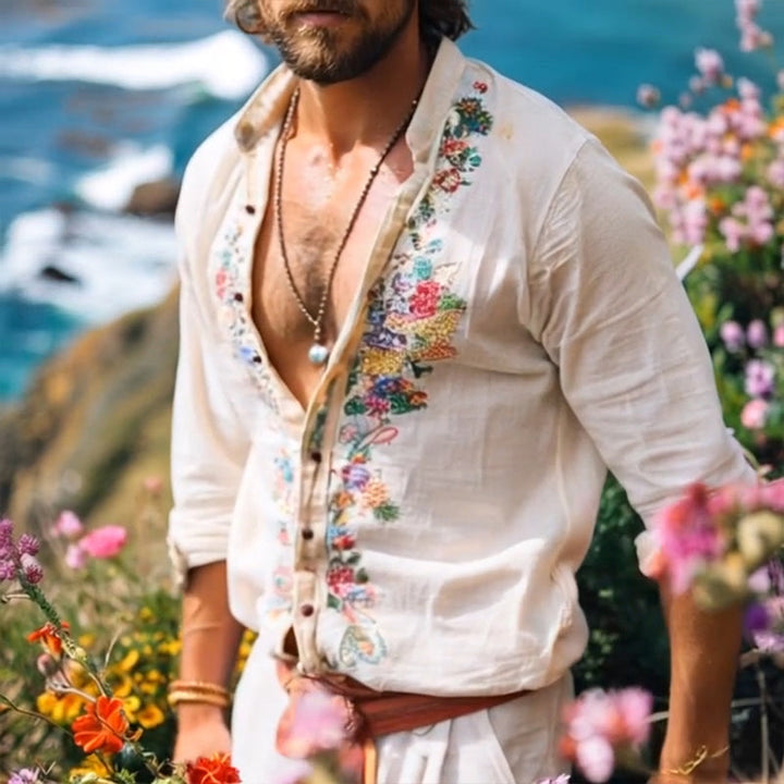 Boho Leinenhemd Herren Grandad Kragen Stickerei Sommer