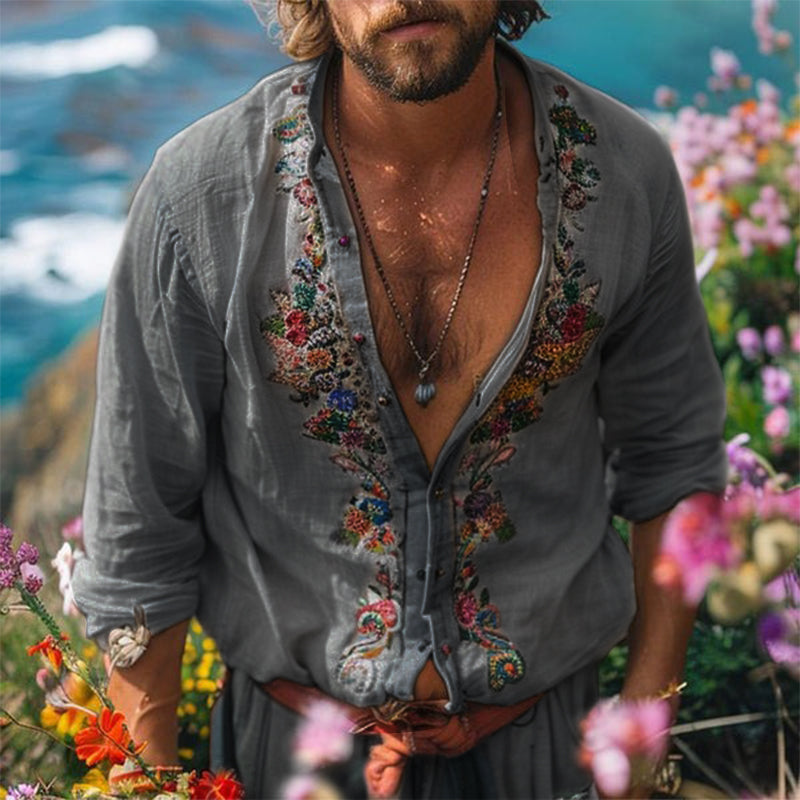 Boho Leinenhemd Herren Grandad Kragen Stickerei Sommer