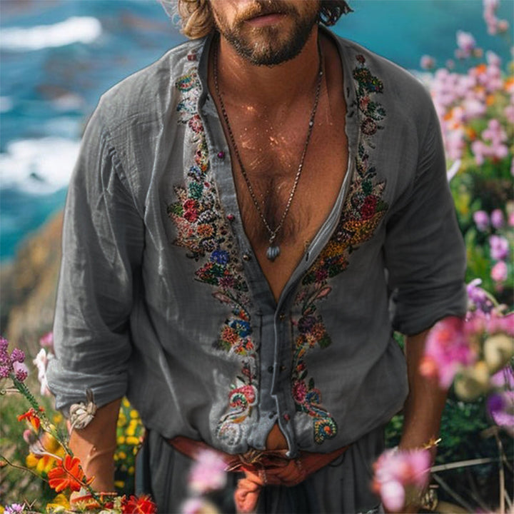 Boho Leinenhemd Herren Grandad Kragen Stickerei Sommer