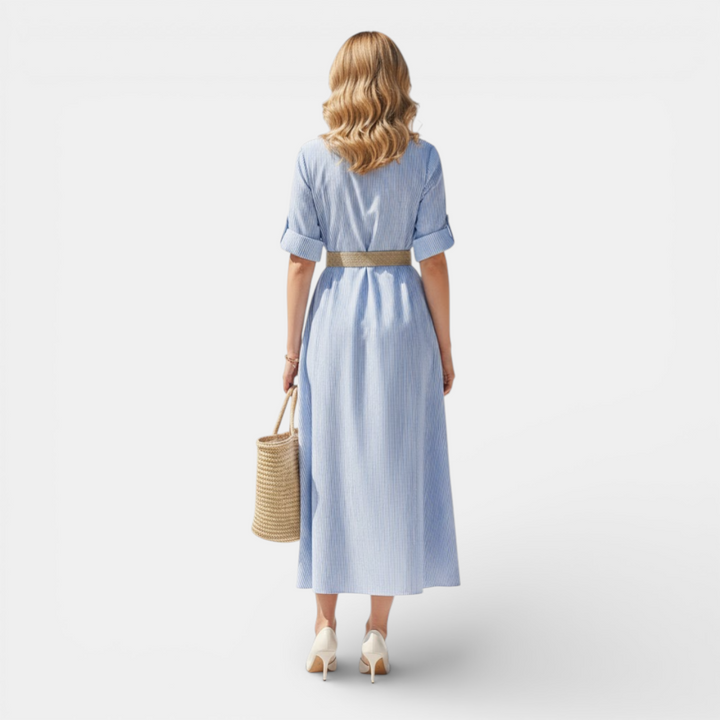 Navacava striped dress detail — classic pattern, polished look