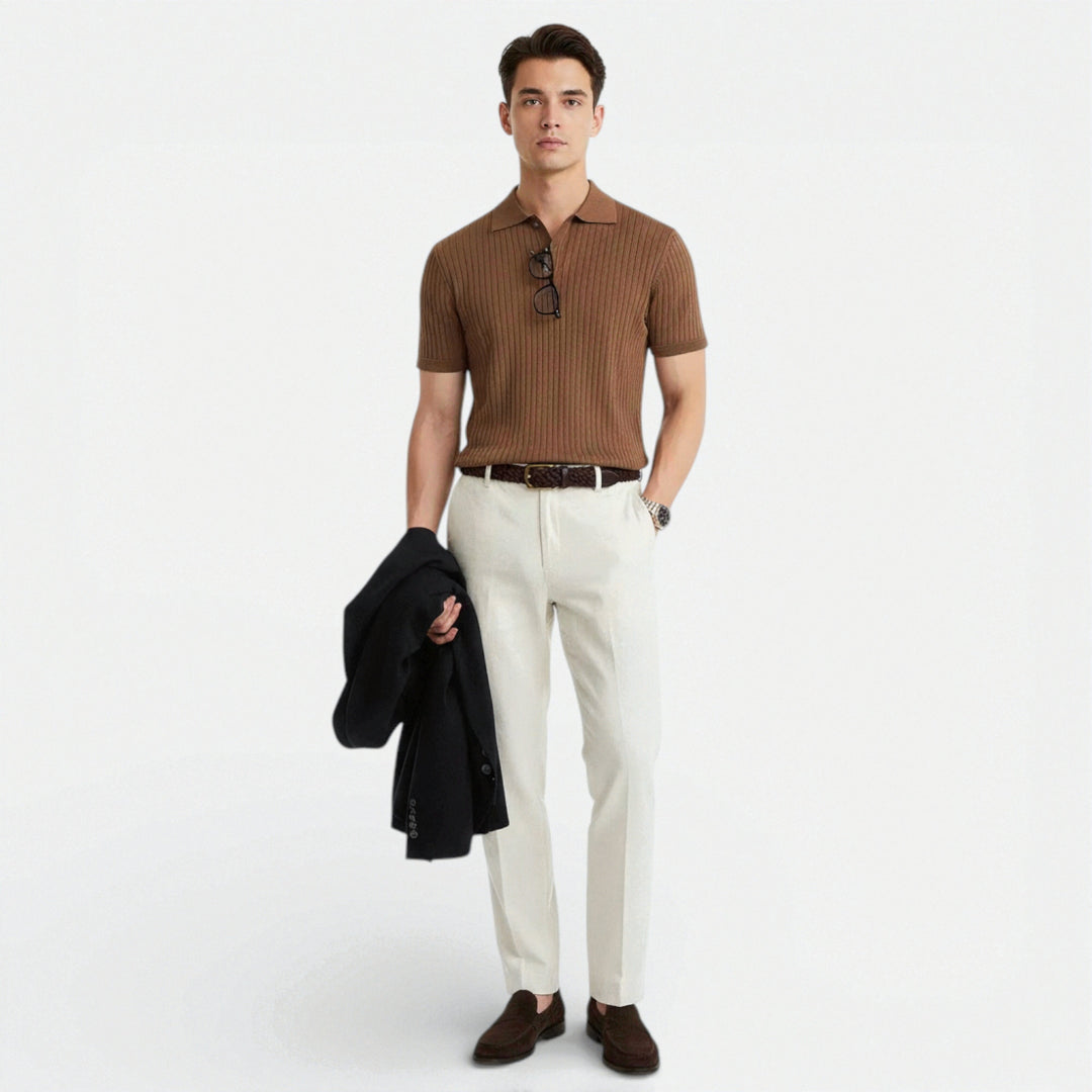 Geripptes Strick Poloshirt Herren Kurzarm Sommer