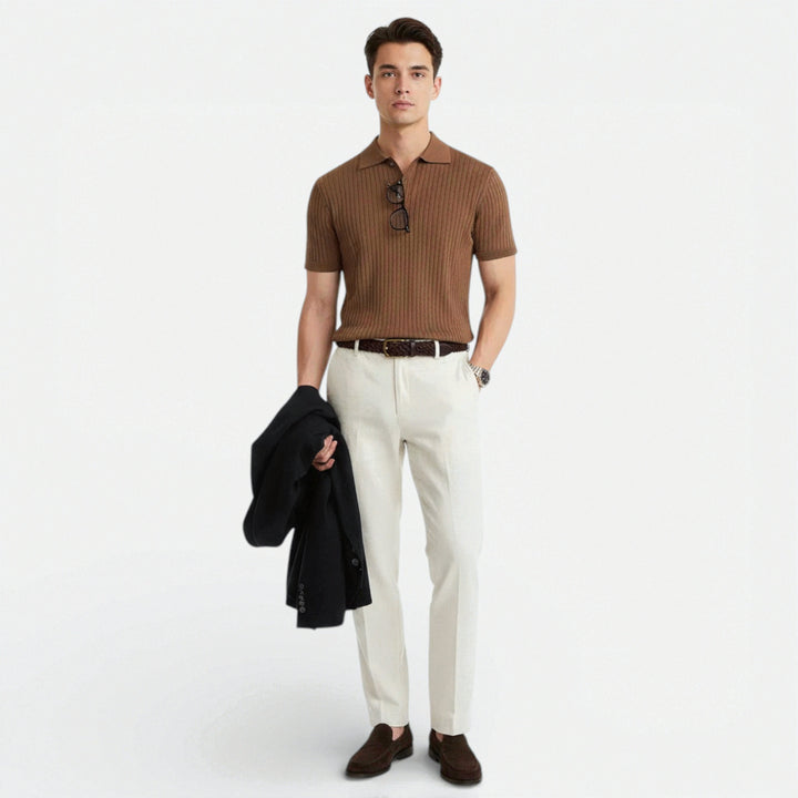 Geripptes Strick Poloshirt Herren Kurzarm Sommer