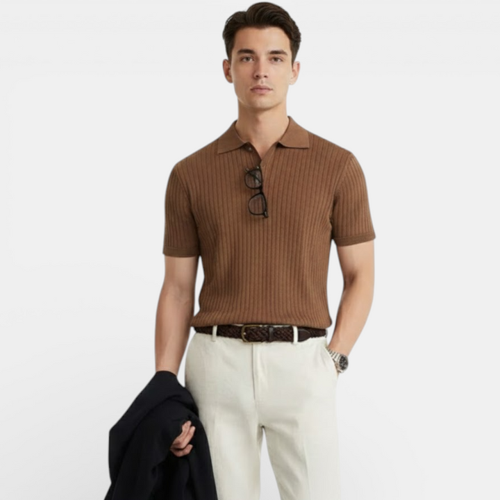 Geripptes Strick Poloshirt Herren Kurzarm Sommer