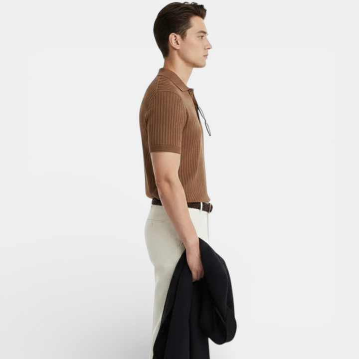 Geripptes Strick Poloshirt Herren Kurzarm Sommer