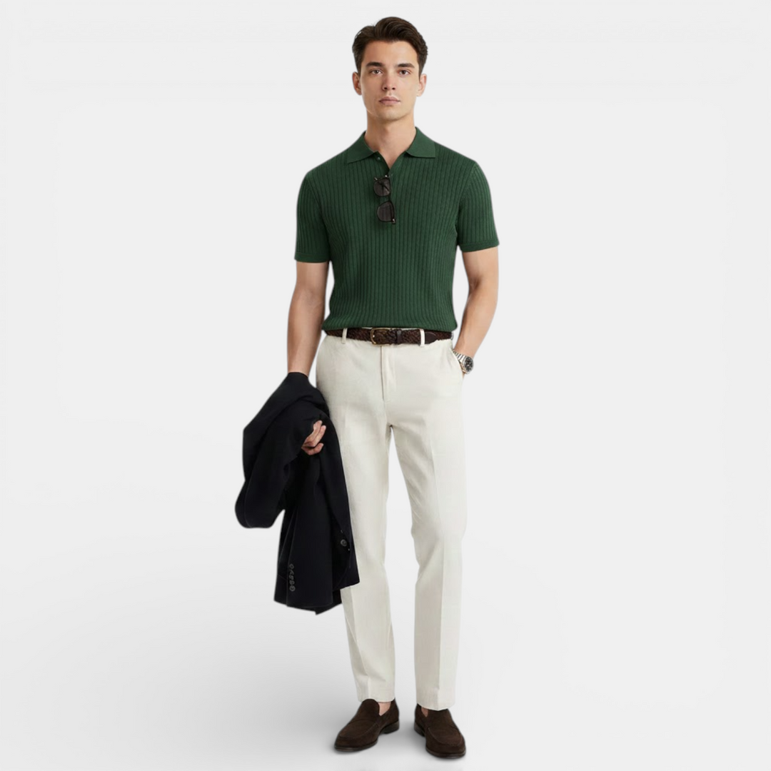 Geripptes Strick Poloshirt Herren Kurzarm Sommer