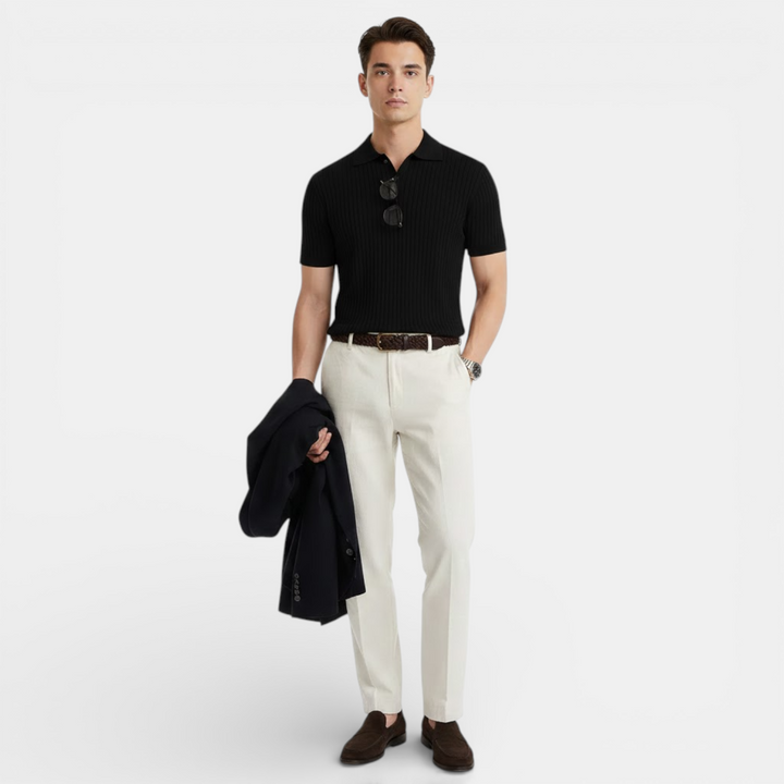 Geripptes Strick Poloshirt Herren Kurzarm Sommer