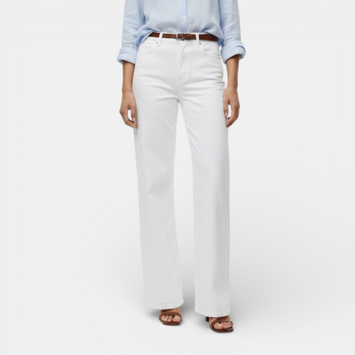 Navacava white pants front view — structured high-rise silhouette
