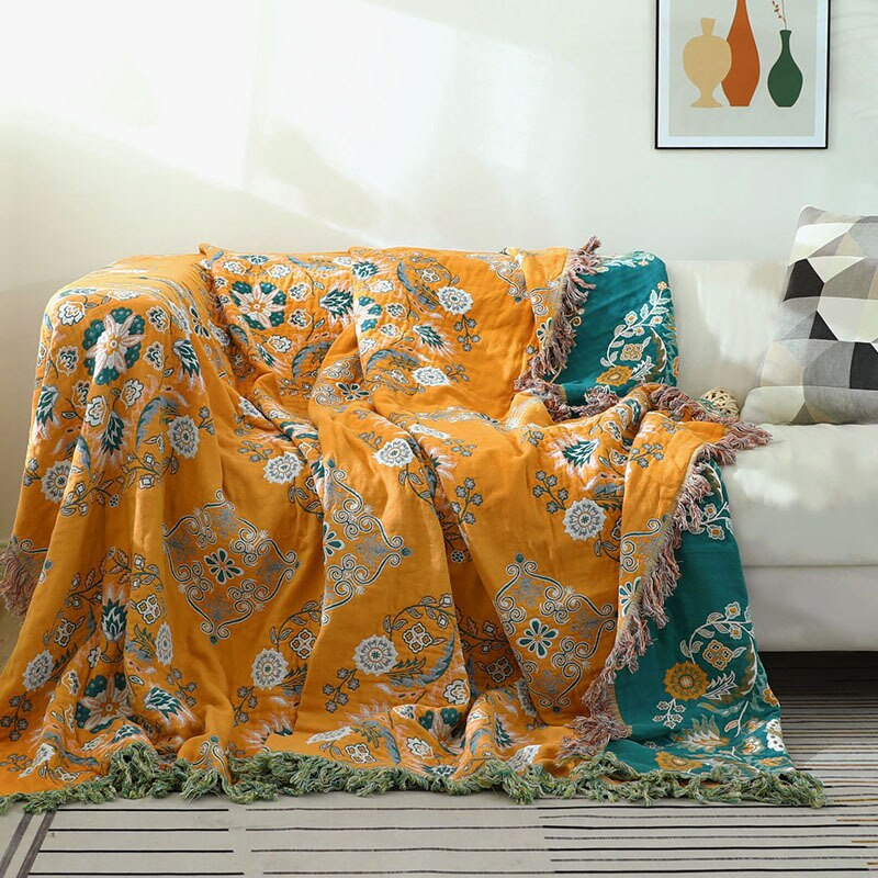 Bohemian Retro Style Reversible Cotton Quilt Blanket - Full, Queen and King