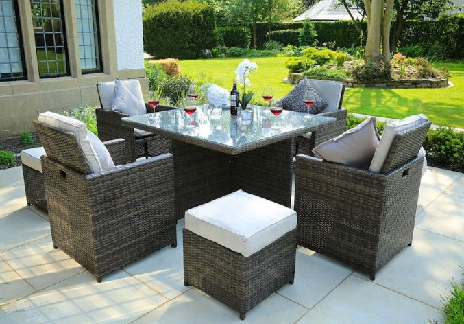 Brown 9-Piece Square Outdoor Dining Set with Beige Cushions 101" X 49" X 45"