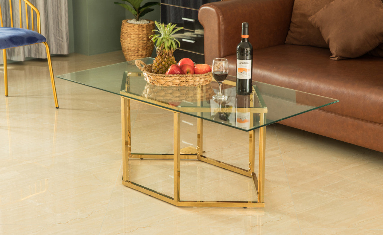 Rectangular Glass Top Hexagon Gold Metal Base Coffee Table