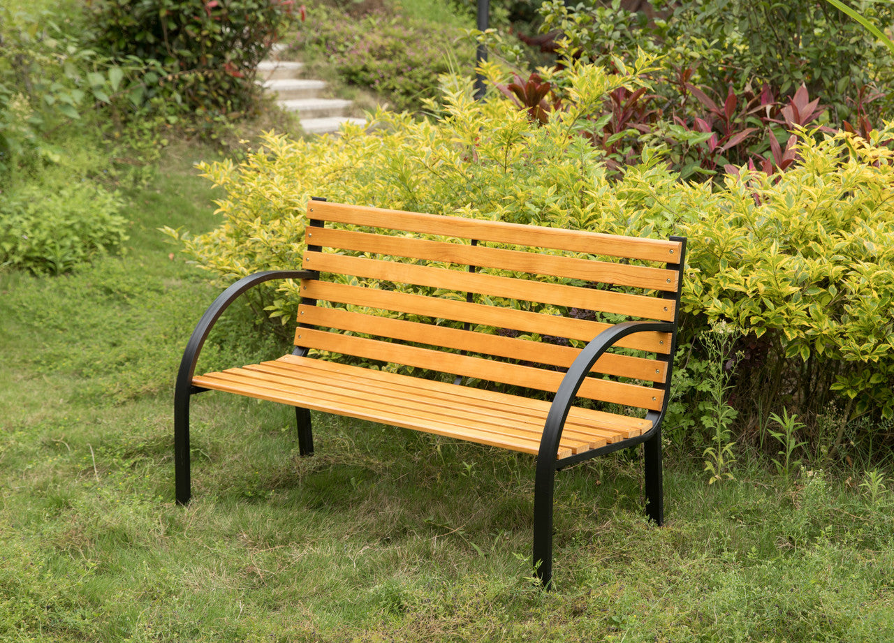 Classic Wood Outdoor Bench with Steel Frame