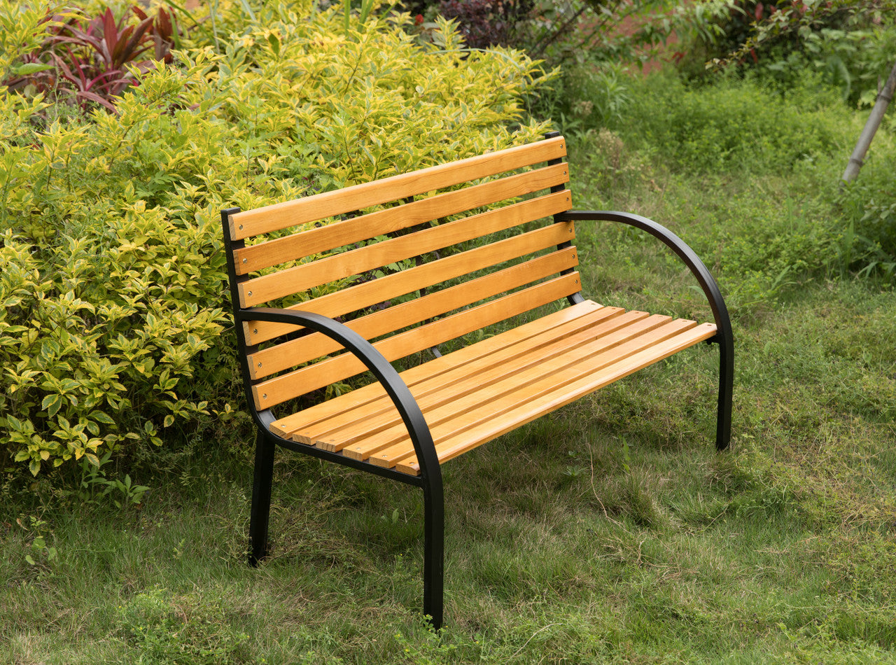 Classic Wood Outdoor Bench with Steel Frame