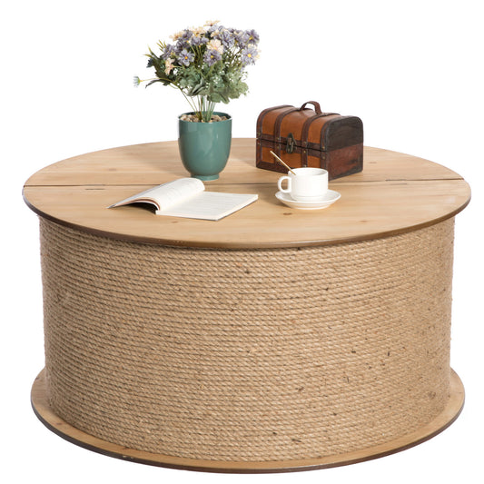 Round Spool Shaped Wooden Coffee Table with Storage