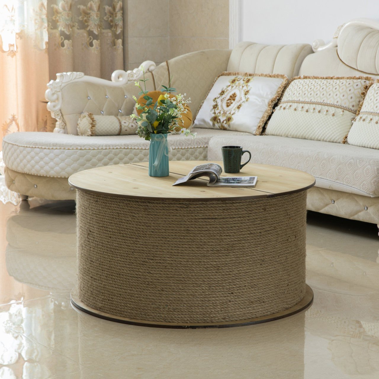 Round Spool Shaped Wooden Coffee Table with Storage