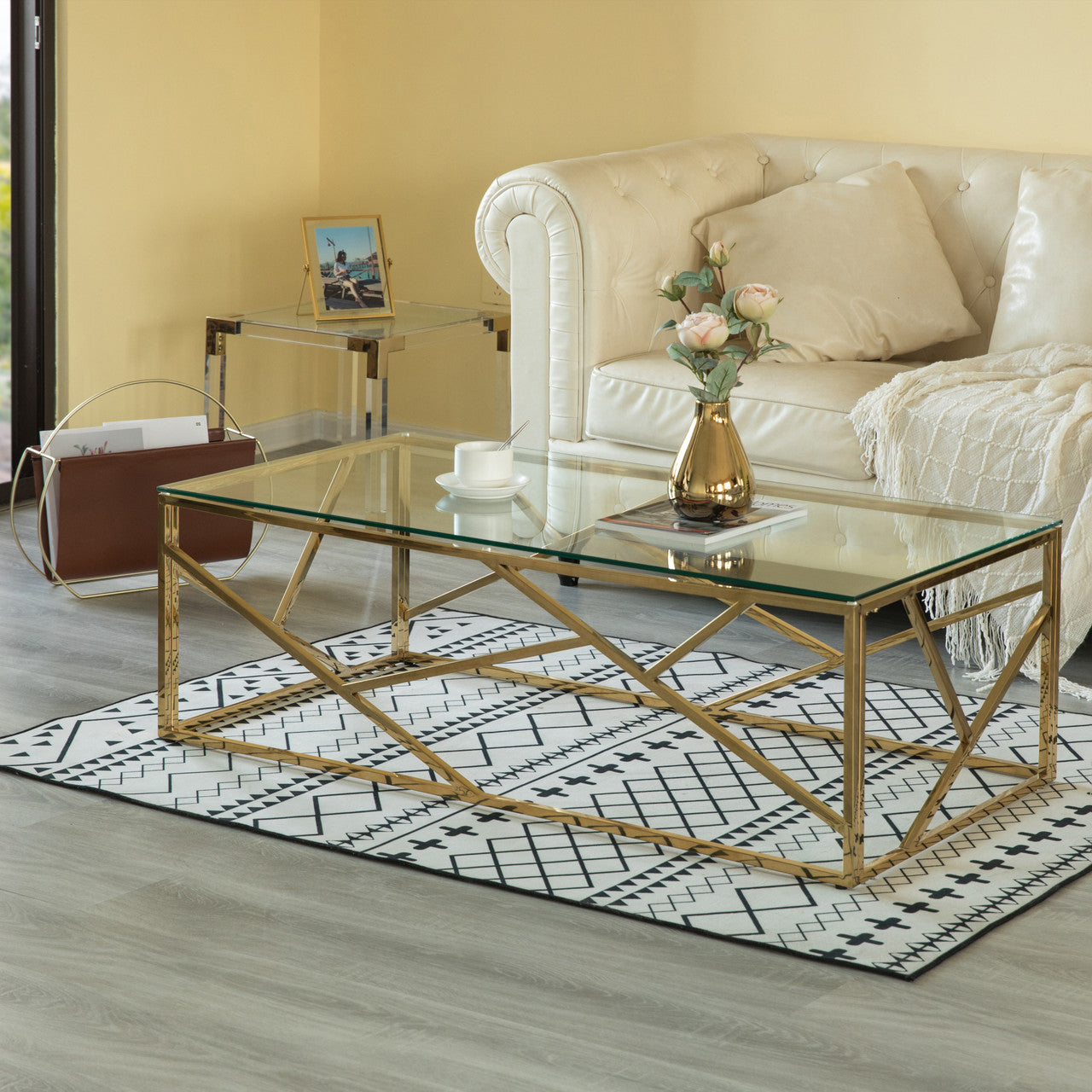 Rectangular Glass Top Metal Modern Coffee Table