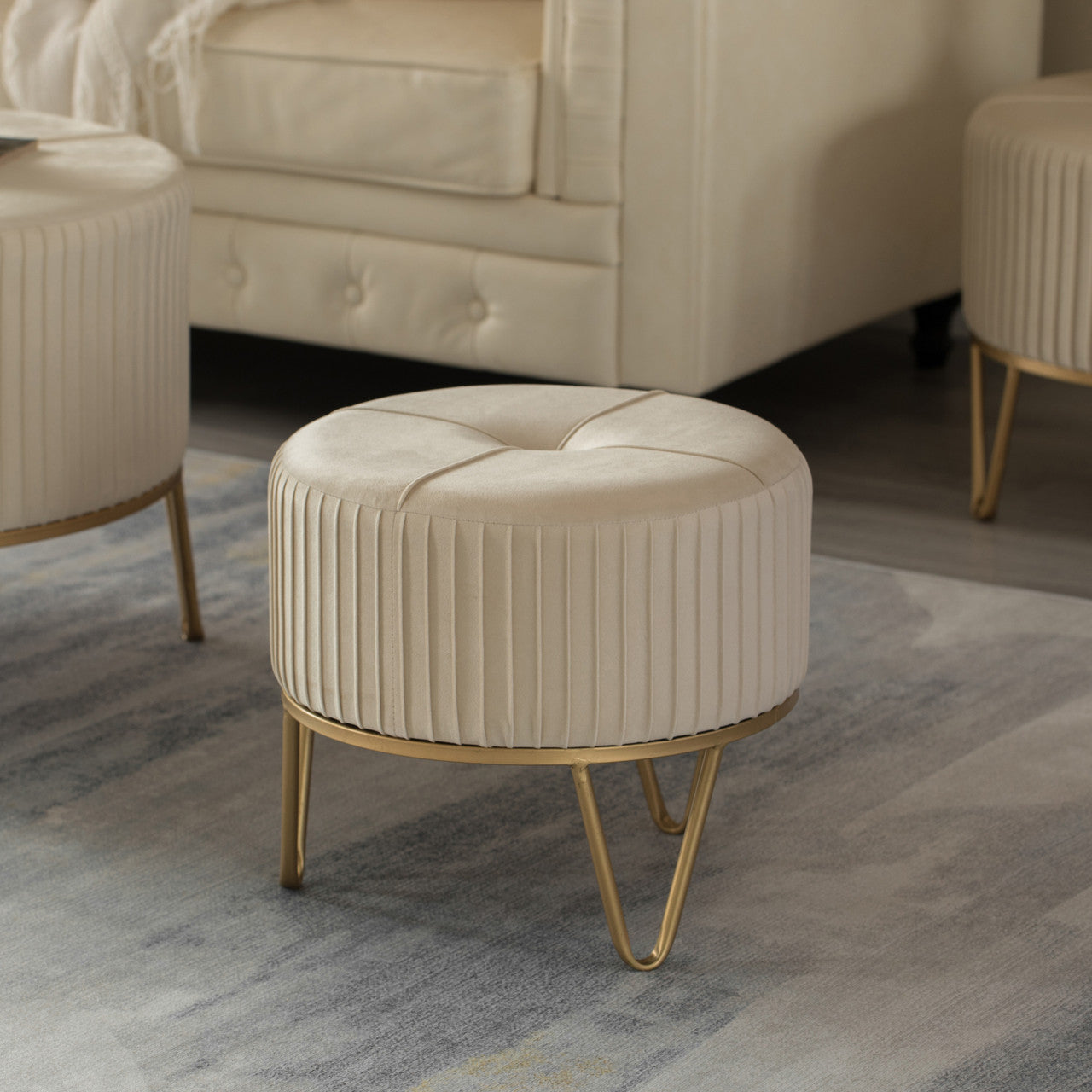 Round Velvet Ottoman Stool Raised with Gold Base