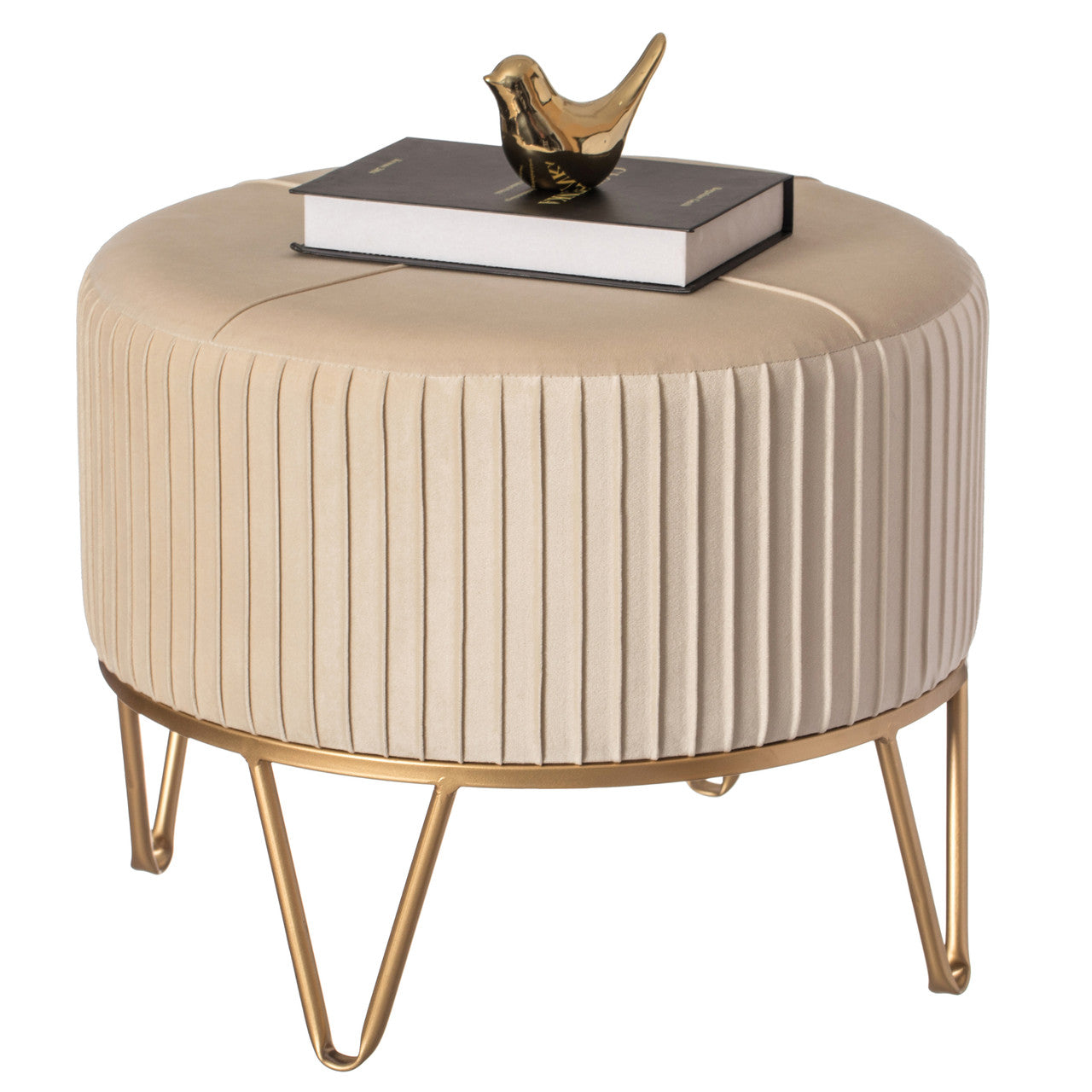 Round Velvet Ottoman Stool Raised with Gold Base