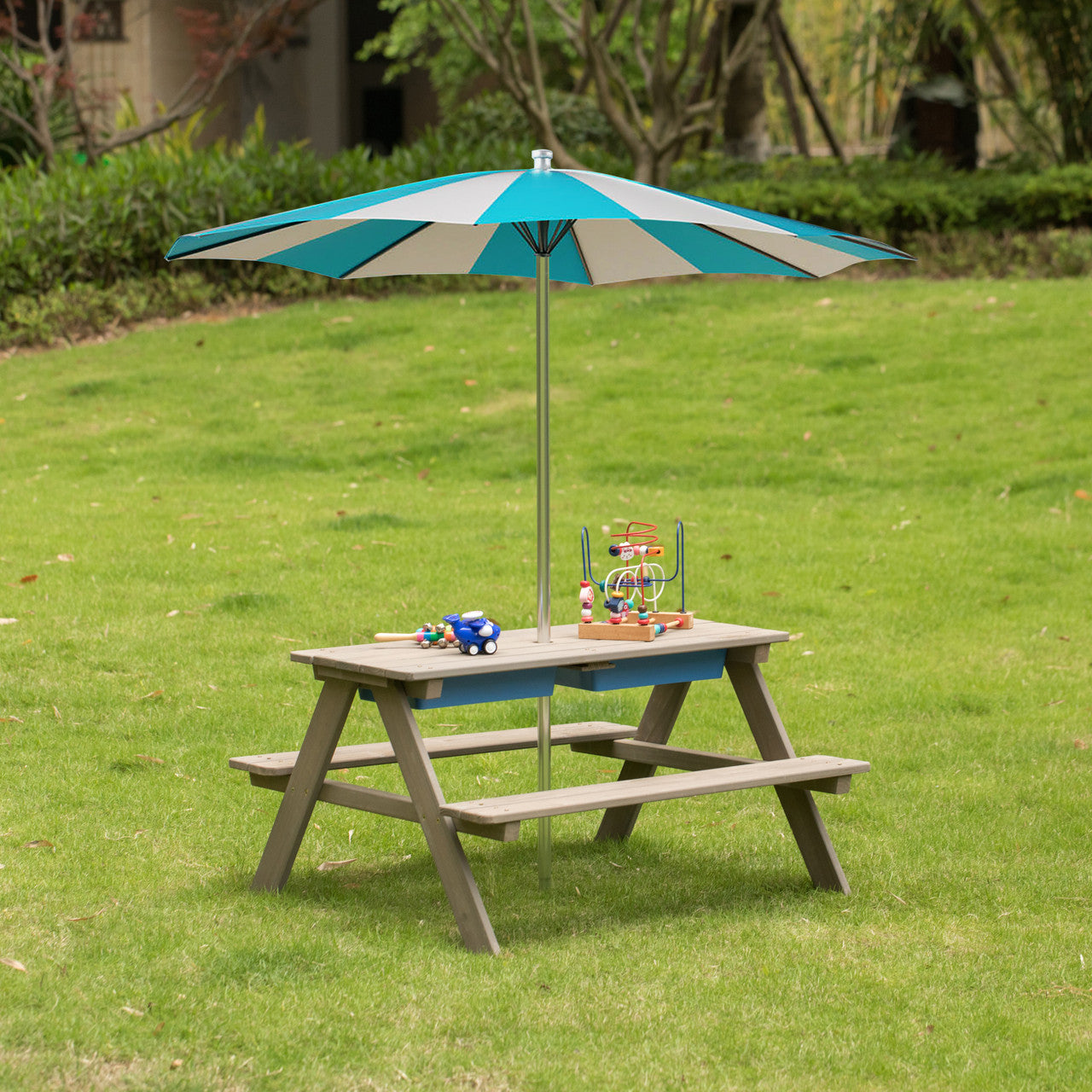 Kids Picnic Table with Umbrella Hole and Toy Box