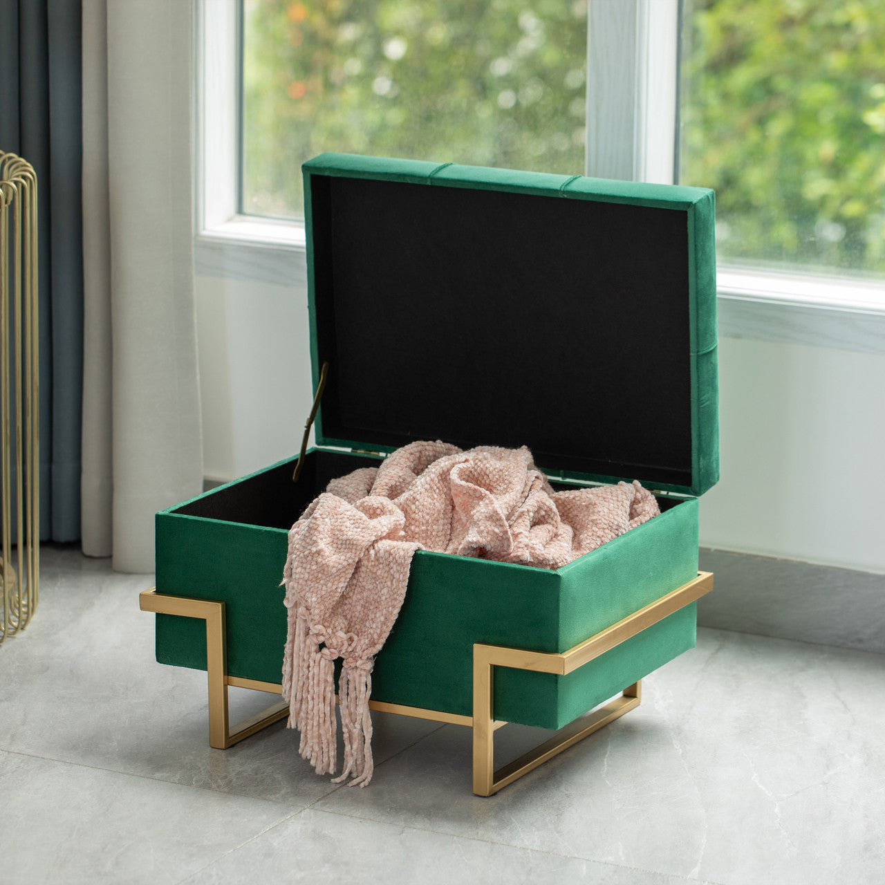 Rectangle Velvet Storage Ottoman With Metal Gold Legs