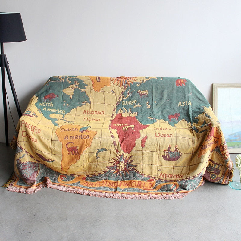 World Map Retro Cotton Throw Blanket for Couch