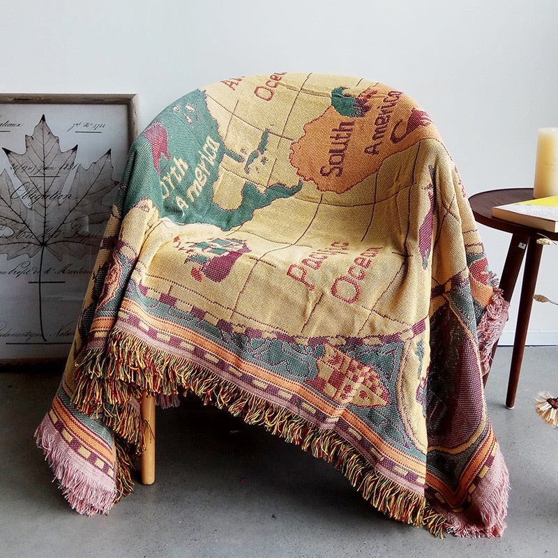 World Map Retro Cotton Throw Blanket for Couch