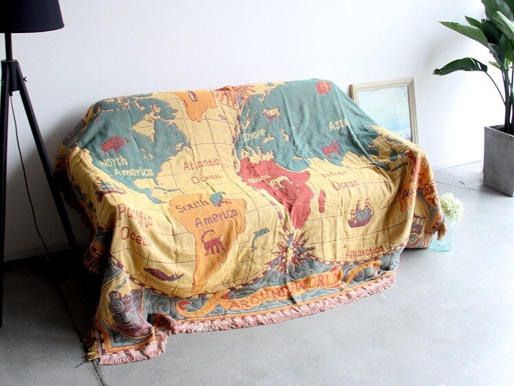 World Map Retro Cotton Throw Blanket for Couch