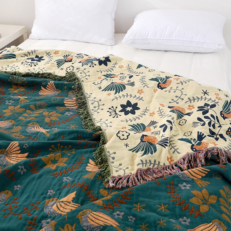 Floral and Bird Pattern Boho Reversible Cotton Quilt