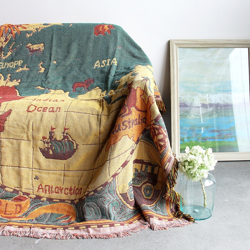 World Map Retro Cotton Throw Blanket for Couch