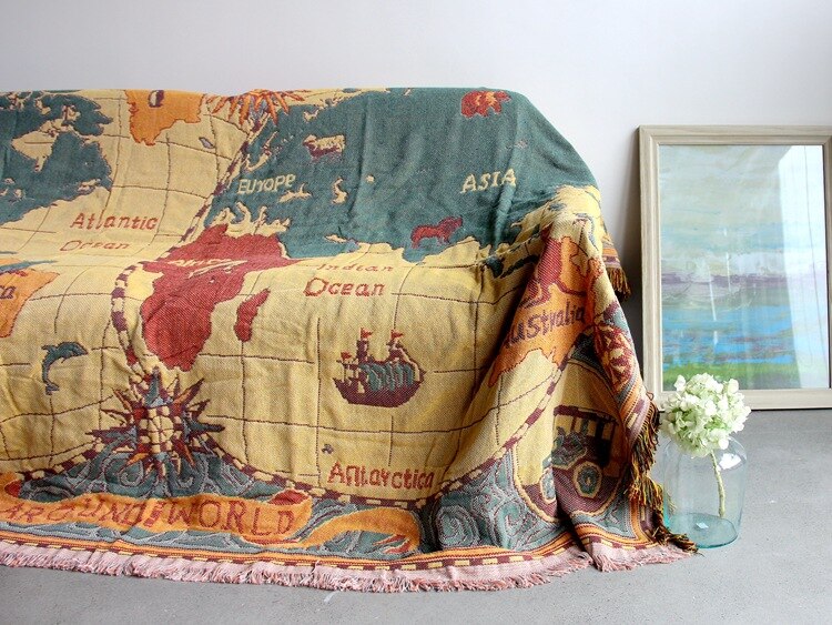 World Map Retro Cotton Throw Blanket for Couch