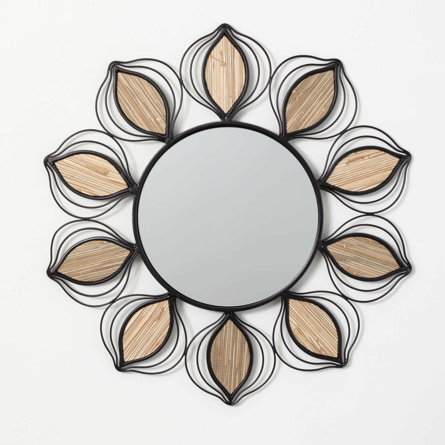 Decorative Round Wall Mirror With Wood Leaf Details