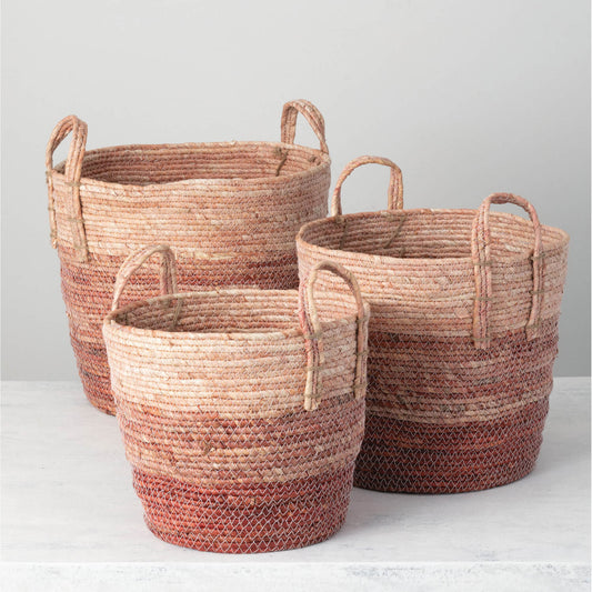 Large Pink Pastel Woven Storage Basket With Handle Set of 3