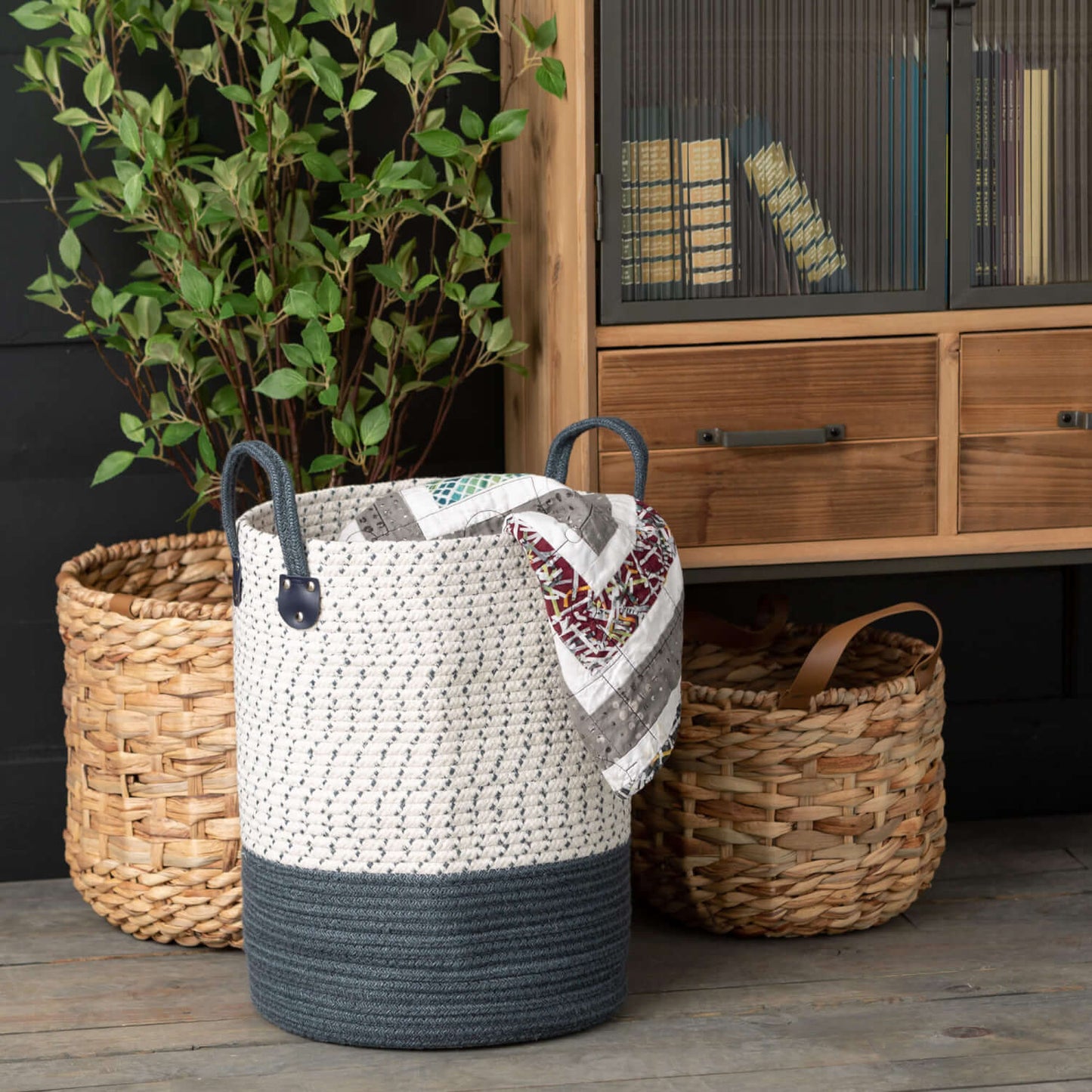 Large Modern Weaved Basket With Handle Set Of 2