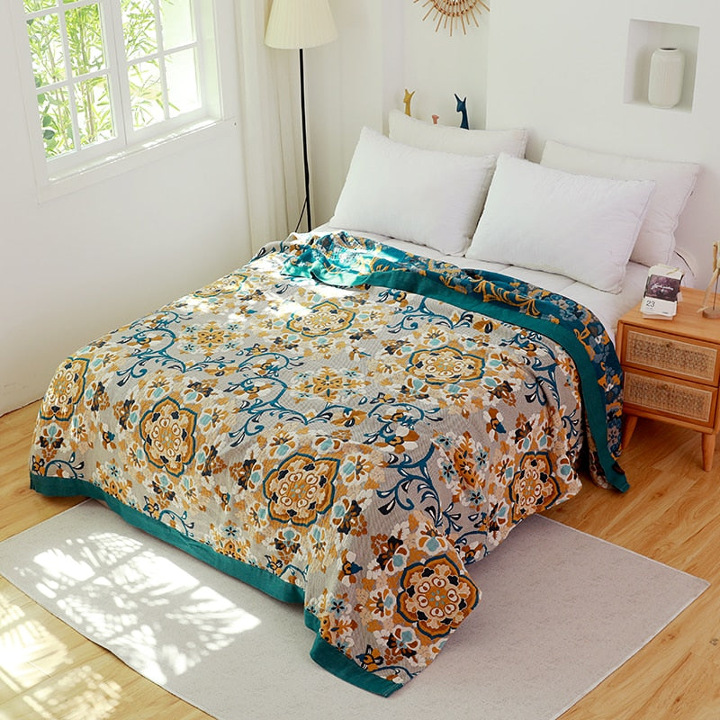 Floral Pattern Boho Style Reversible Cotton Quilt