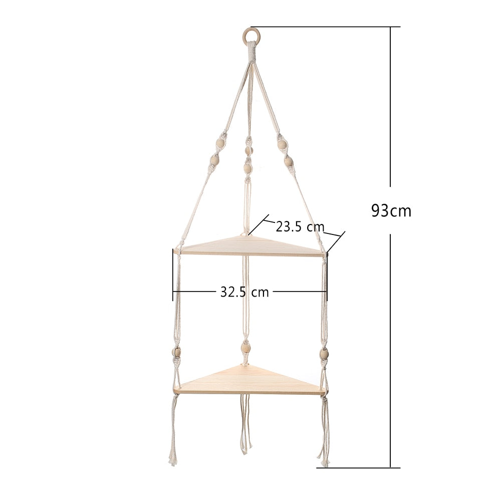 Boho Style Wooden Rope Corner Hanging Swing Shelf Stand