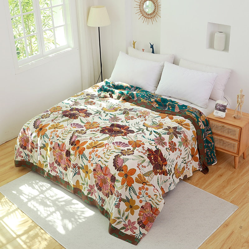 Floral Pattern Boho Style Reversible Cotton Quilt