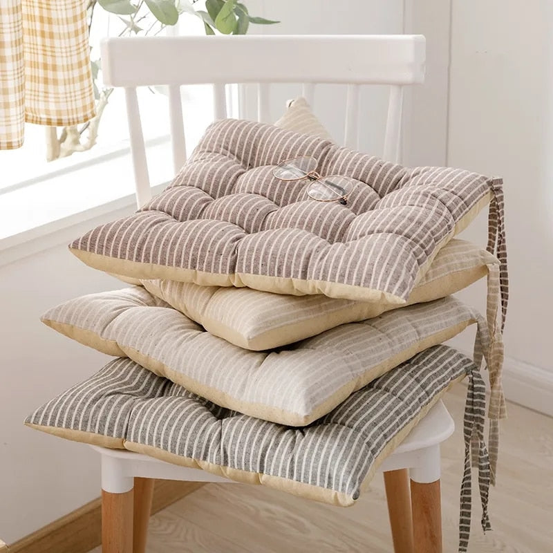 Linen Striped Dining Chair Cushion with Ties