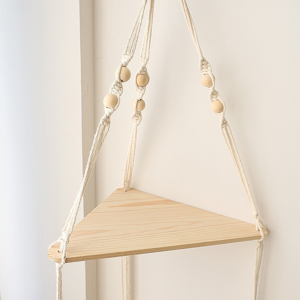 Boho Style Wooden Rope Corner Hanging Swing Shelf Stand