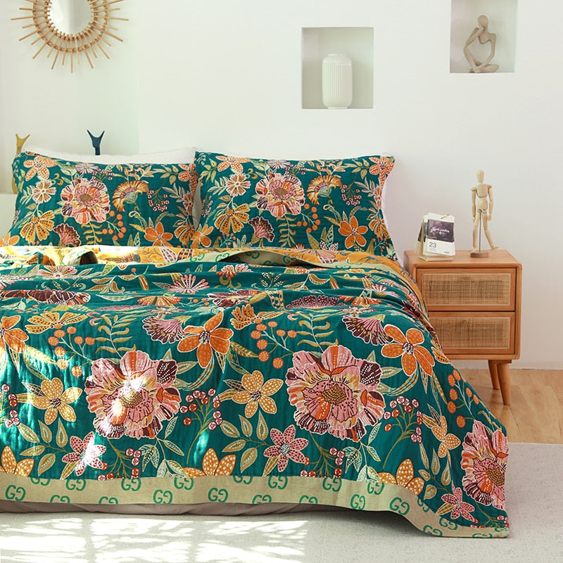 Floral Pattern Boho Style Reversible Cotton Quilt