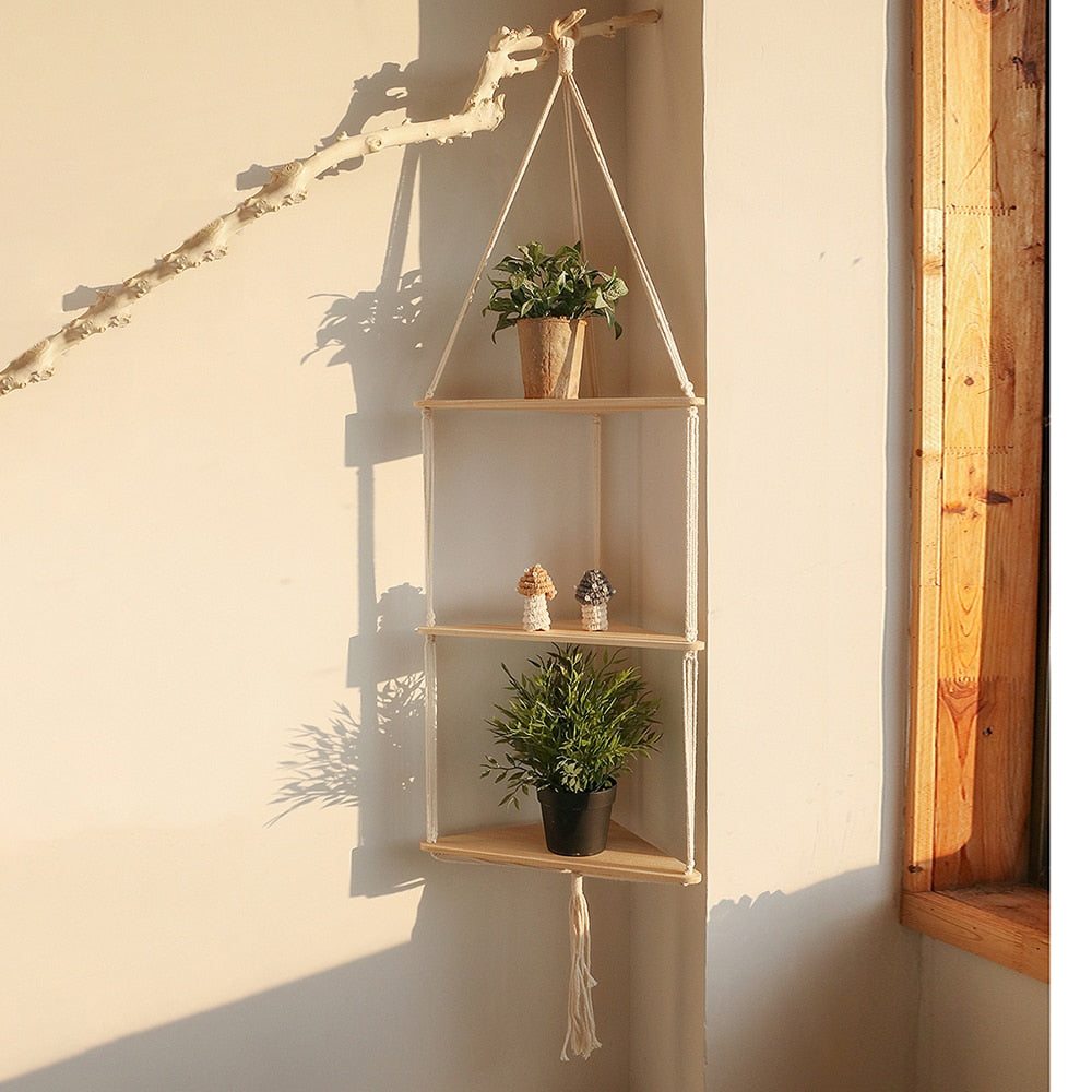 Boho Style Wooden Rope Corner Swing Shelf-Navacava.com