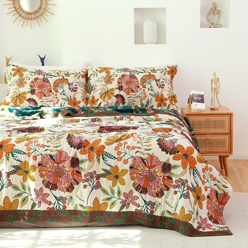 Floral Pattern Boho Style Reversible Cotton Quilt