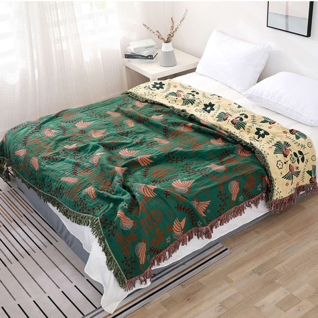 Floral and Bird Pattern Boho Reversible Cotton Quilt