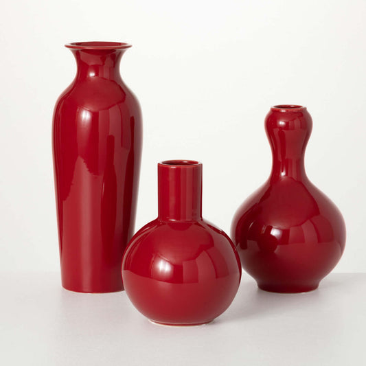 Shapely Red Ceramic Decorative Large Vase Set of 3