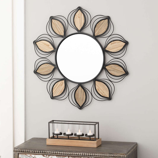 Decorative Round Wall Mirror With Wood Leaf Details