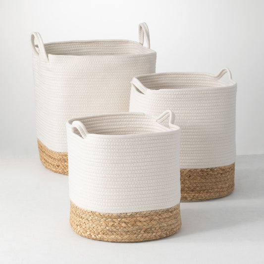 Large Round Woven Tote Basket Set of 3 With Handle