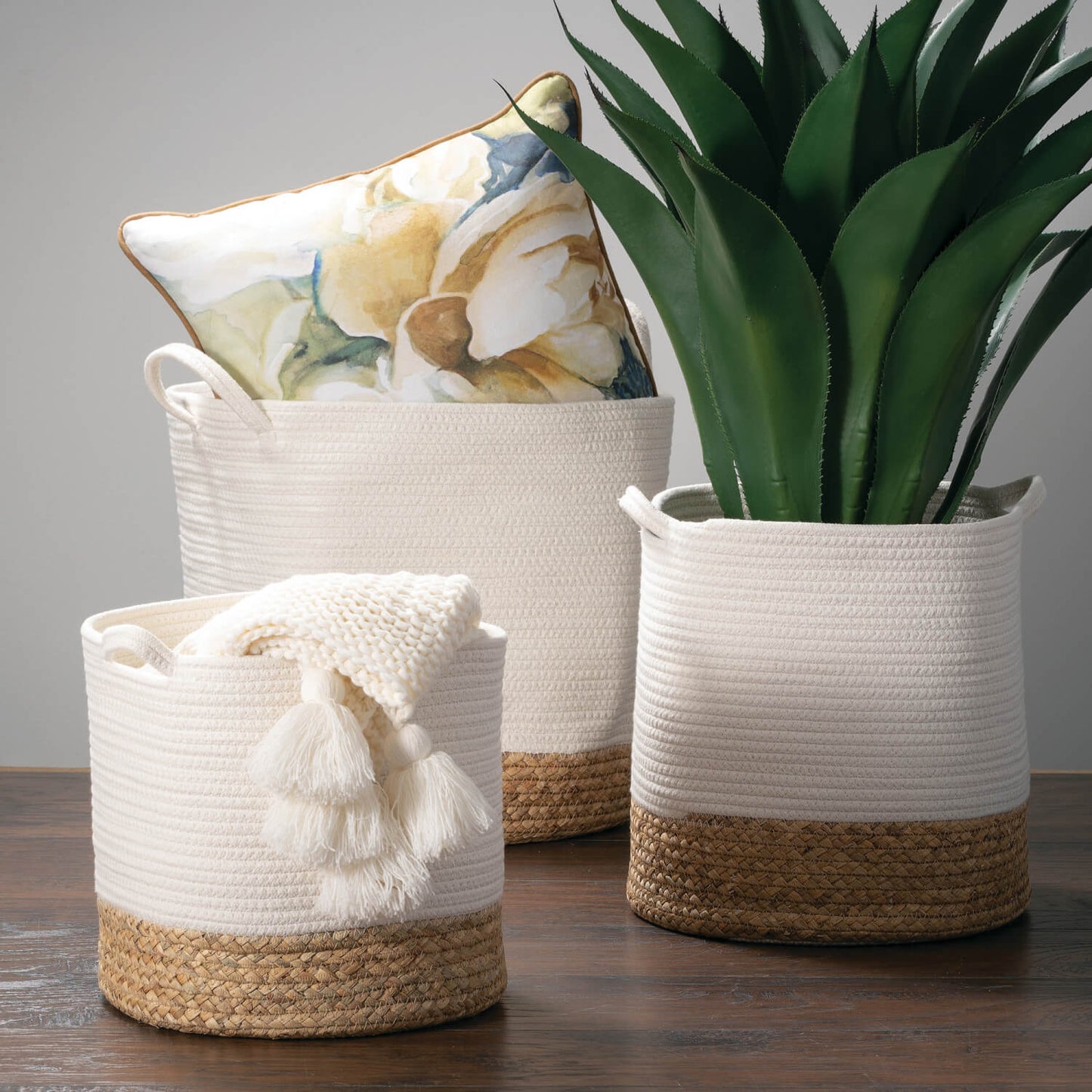 Large Round Woven Tote Basket Set of 3 With Handle